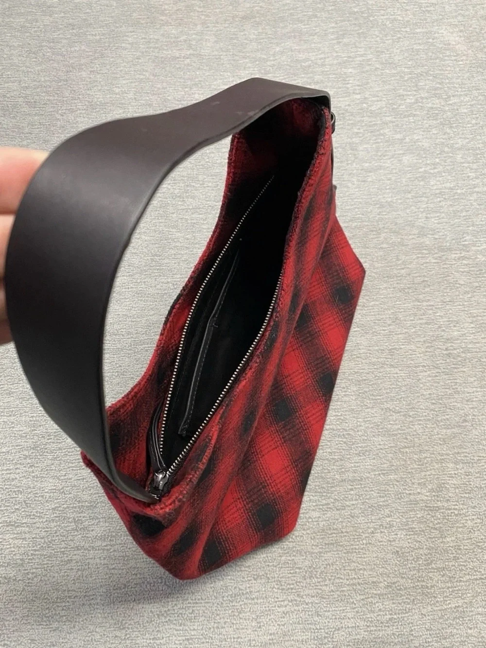 Large J Jill Wool Red and Black Plaid Hobo Bag with Leather Strap NWT